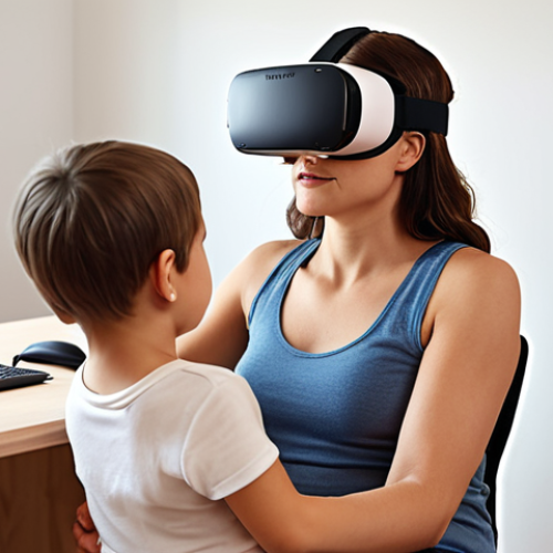 Home 4 **
> A confident and skilled psychomotor therapist leading a rehabilitation session using virtual reality. The scene depicts a modern therapy office, with the therapist attentively guiding a child through exercises, highlighting technology and personalized care. Focus on conveying expertise and a positive, engaging atmosphere.
**
