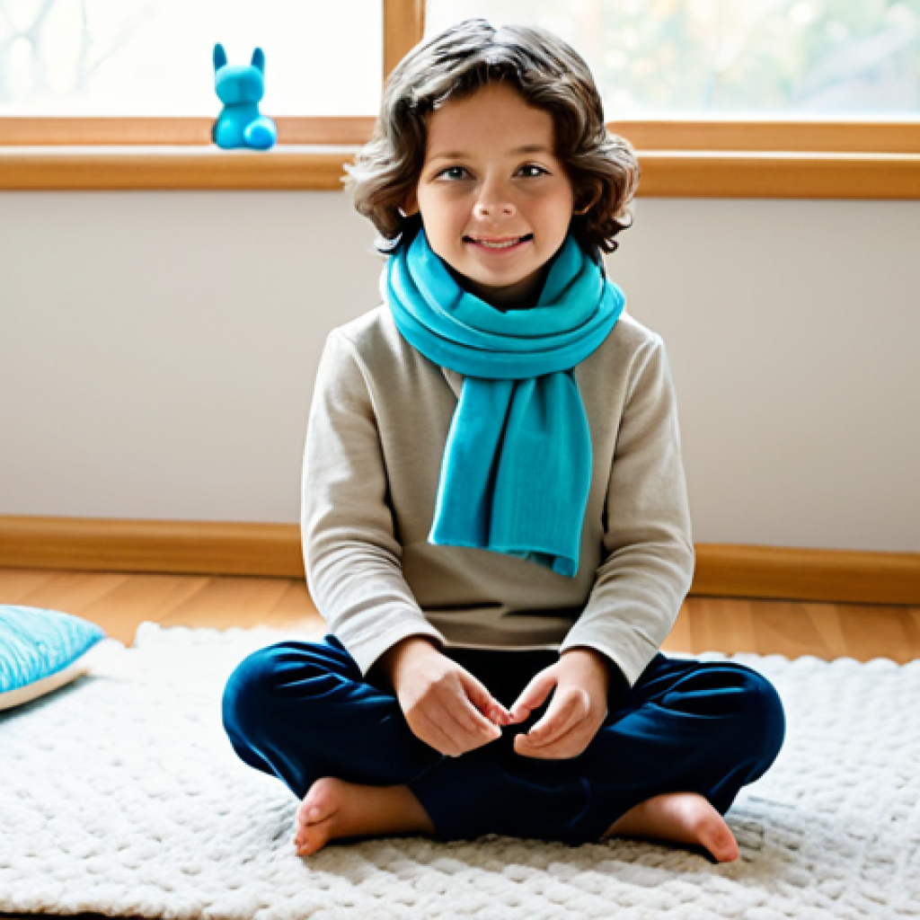 A child, approximately 7 years old, fully clothed in comfortable, modest attire, is sitting on a soft, light-colored rug in a calm play therapy room. The room is bathed in soft, diffused natural light coming from a large window. Walls are painted in gentle pastel tones of light blue and beige. Various plush cushions and a weighted blanket are neatly arranged nearby. On a low wooden shelf, a collection of natural, open-ended wooden toys and fabric scarves are visible. The atmosphere is peaceful and inviting. Perfect anatomy, correct proportions, well-formed hands, proper finger count, natural body proportions, natural pose, professional photography, high quality, safe for work, appropriate content, fully clothed, modest, family-friendly.