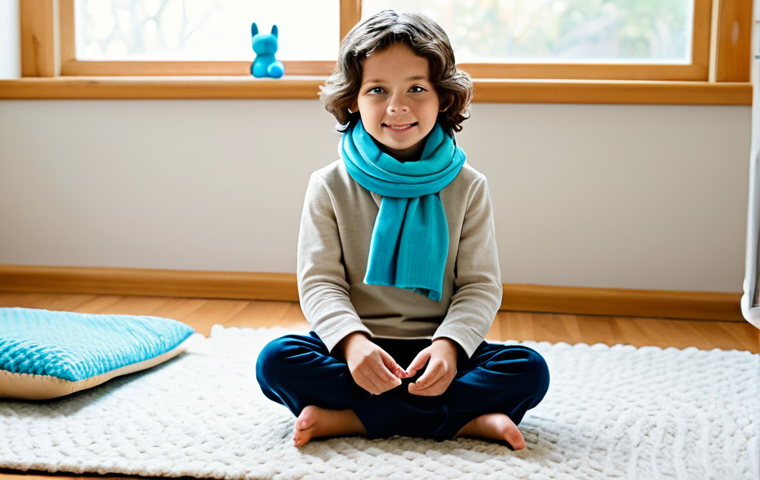 A child, approximately 7 years old, fully clothed in comfortable, modest attire, is sitting on a soft, light-colored rug in a calm play therapy room. The room is bathed in soft, diffused natural light coming from a large window. Walls are painted in gentle pastel tones of light blue and beige. Various plush cushions and a weighted blanket are neatly arranged nearby. On a low wooden shelf, a collection of natural, open-ended wooden toys and fabric scarves are visible. The atmosphere is peaceful and inviting. Perfect anatomy, correct proportions, well-formed hands, proper finger count, natural body proportions, natural pose, professional photography, high quality, safe for work, appropriate content, fully clothed, modest, family-friendly.
