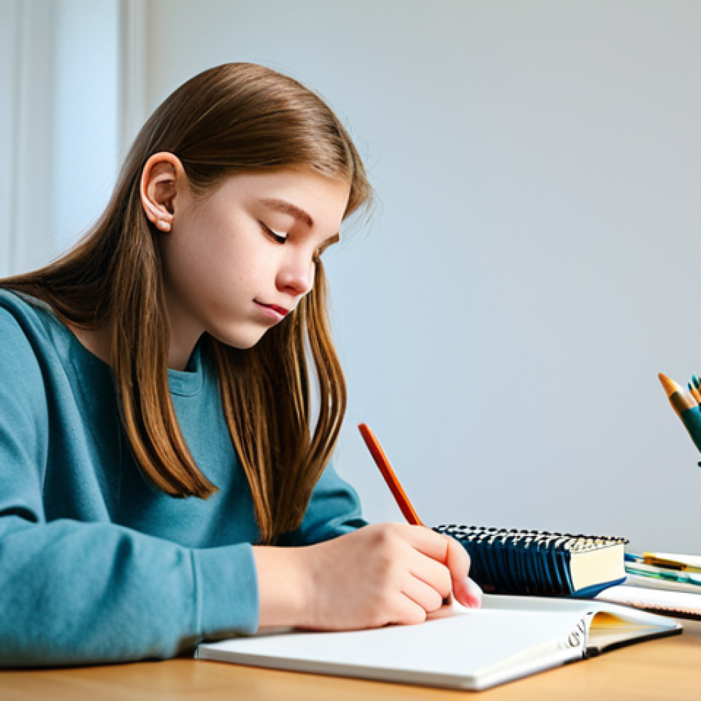 A thoughtful, gender-neutral adolescent, around 16 years old, fully clothed in modest, appropriate attire, engaged in an art therapy session. They are focused on sketching in a sketchbook, with art supplies neatly arranged on a clean, contemporary therapy room table. The room features natural light and soft, professional decor, creating a calm and safe atmosphere. Professional studio photography, high-resolution, sharp focus, depth of field. safe for work, appropriate content, professional, family-friendly, perfect anatomy, correct proportions, natural pose, well-formed hands, proper finger count, natural body proportions.