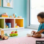 놀이치료사로서 논문 작성 경험 - A warm and inviting therapy room in a modern French clinic, featuring a child aged 5 wearing a color...