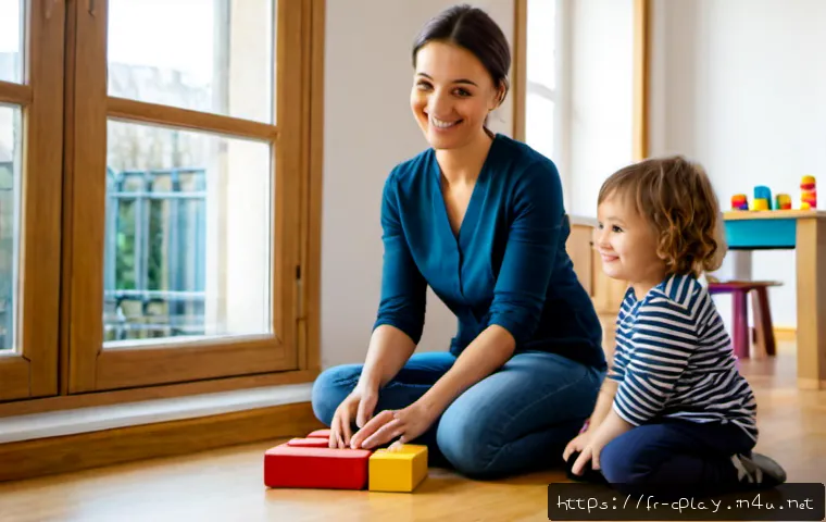 놀이치료사와 아동의 신뢰 구축 방법 - Photorealistic child play therapy session in a warm French counseling room, a friendly female therap...